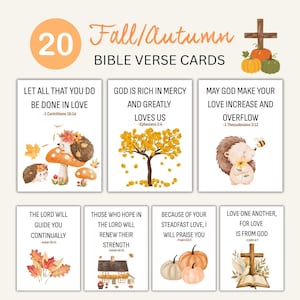 May include: A set of 20 Fall/Autumn Bible Verse Cards featuring watercolor illustrations of hedgehogs, pumpkins, autumn leaves, a tree, a house, and a cross. Each card displays a specific scripture verse in black text on a white background.