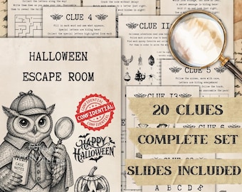 Halloween Escape Room Bundle, 20 Detective Puzzle Clues + Presentation Slides, Halloween Party Game for Kids Teens & Family, PRINTABLE