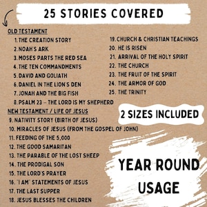 Puede incluir: Un p&oacute;ster de color beige con el texto "25 historias cubiertas" y una lista de historias b&iacute;blicas, incluyendo "La historia de la creaci&oacute;n" y "El arca de No&eacute;". El p&oacute;ster tambi&eacute;n incluye el texto "2 tama&ntilde;os incluidos" y "Uso durante todo el a&ntilde;o".