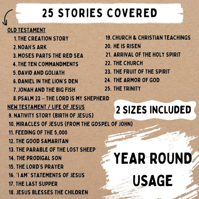 Puede incluir: Un p&oacute;ster de color beige con el texto "25 historias cubiertas" y una lista de historias b&iacute;blicas, incluyendo "La historia de la creaci&oacute;n" y "El arca de No&eacute;". El p&oacute;ster tambi&eacute;n incluye el texto "2 tama&ntilde;os incluidos" y "Uso durante todo el a&ntilde;o".