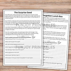 May include: Two black and white printable worksheets with text. One titled "The Surprise Seed" and the other "Forgotten Lunch Box." Each worksheet has reading comprehension questions and is designed for educational use.