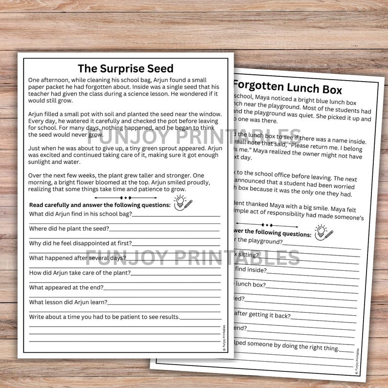 May include: Two black and white printable worksheets with text. One titled "The Surprise Seed" and the other "Forgotten Lunch Box." Each worksheet has reading comprehension questions and is designed for educational use.