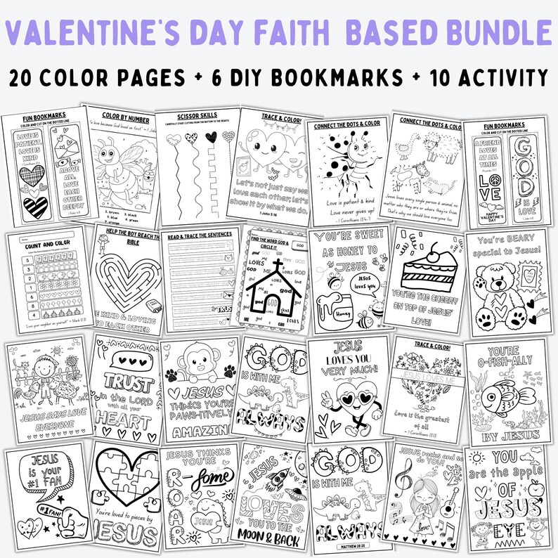 Op de afbeelding: Een set van 20 printbare kleurplaten, 6 DIY-bladwijzers en 10 activiteitenpagina's met een Valentijnsdagthema. De pagina's bevatten christelijke illustraties en boodschappen, zoals "Jezus is je #1 fan" en "Je bent heel speciaal voor Jezus".