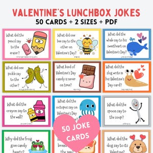 Può includere: Un set di biglietti con barzellette per il pranzo di San Valentino. Le carte presentano illustrazioni di una matita, un'ape, una balena, sottaceti, cioccolato, una lumaca, pastelli, un polpo, un cucchiaio, una rana, pane e un cane. Il testo recita "VALENTINE'S LUNCHBOX JOKES 50 CARDS + 2 SIZES + PDF".