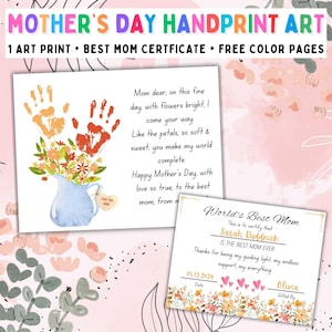 Feliz Dia das Mães Arte Artesanal com Impressão de Mão, Buquê de Flores para Mãe, Bebê Criança Criança, Atividade Presente Cartão Impressão DIY, DOWNLOAD Instantâneo