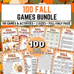 May include: A collection of 100 Fall Games & Activities, including puzzles and bingo, with a fall theme. The bundle includes games in two sizes, full and half page. The image features a variety of colourful game sheets with fall-themed illustrations.