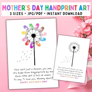 Mothers Day Poem, Dandelion Fingerprint Craft Mom, Preschool Activity, Kids Keepsake, Printable Handprint Gift, Easy Handmade Card Crafts