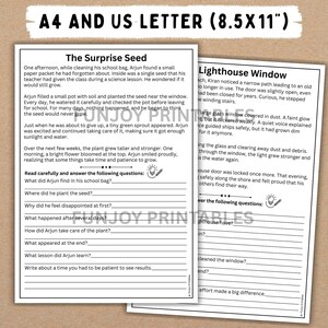 May include: Two printable worksheets, A4 and US Letter size, with text about a seed and a lighthouse. The text includes questions to answer. The worksheets are designed for educational purposes.