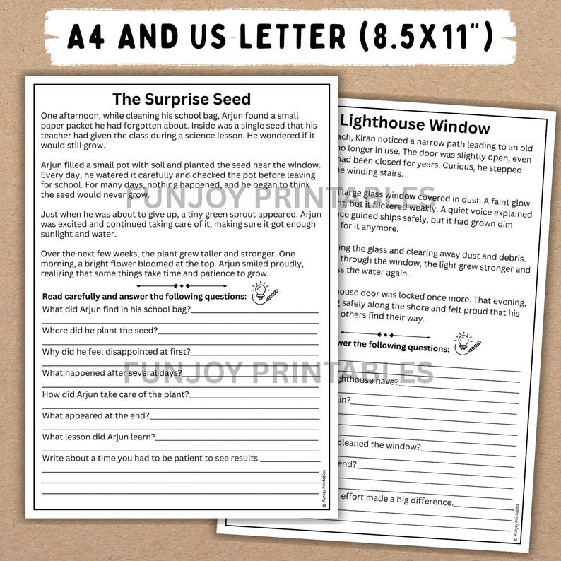 May include: Two printable worksheets, A4 and US Letter size, with text about a seed and a lighthouse. The text includes questions to answer. The worksheets are designed for educational purposes.