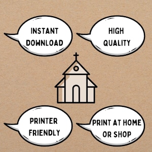 Puede incluir: Ilustraci&oacute;n de una iglesia con bocadillos de texto. Los bocadillos dicen "Descarga instant&aacute;nea", "Alta calidad", "Apto para impresora" y "Imprime en casa o en la tienda". La imagen est&aacute; sobre un fondo marr&oacute;n.