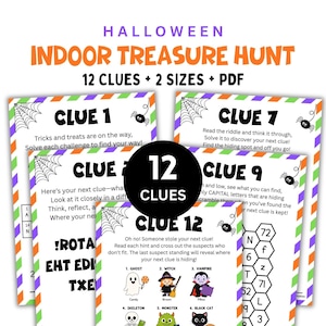 以下が含まれることがあります： 12個のヒント、2つのサイズ、PDF形式を含むハロウィーンの屋内宝探しプリントセット。ページにはクモの巣のグラフィック、漫画のクモ、およびHALLOWEEN INDOOR TREASURE HUNT、CLUE 1、CLUE 7、CLUE 9、CLUE 12などのテキストが含まれています。