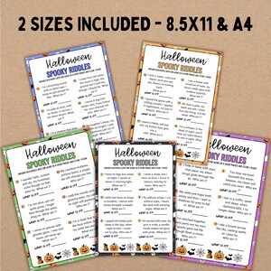 May include: A collection of Halloween-themed cards with spooky riddles. Each card features a unique riddle with the answer prompt "What am I?" and decorative elements like pumpkins and spiderwebs. The cards are available in two sizes: 8.5x11 inches and A4.