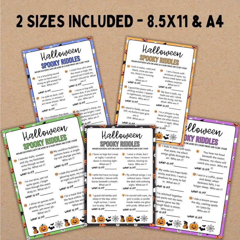 May include: A collection of Halloween-themed cards with spooky riddles. Each card features a unique riddle with the answer prompt "What am I?" and decorative elements like pumpkins and spiderwebs. The cards are available in two sizes: 8.5x11 inches and A4.