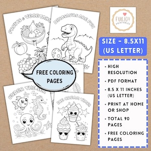 Puede incluir: Un conjunto de p&aacute;ginas para colorear en blanco y negro con varios temas, incluyendo frutas, verduras, dinosaurios, criaturas marinas y helados. Las p&aacute;ginas miden 21,6 x 27,9 cm e incluyen el texto "Free Coloring Pages".