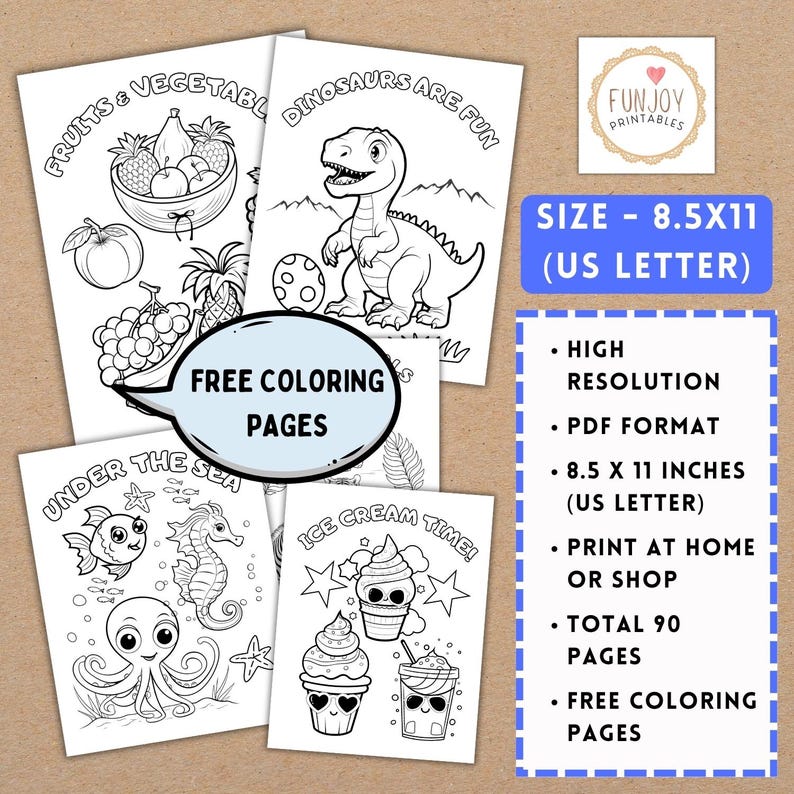 Puede incluir: Un conjunto de p&aacute;ginas para colorear en blanco y negro con varios temas, incluyendo frutas, verduras, dinosaurios, criaturas marinas y helados. Las p&aacute;ginas miden 21,6 x 27,9 cm e incluyen el texto "Free Coloring Pages".