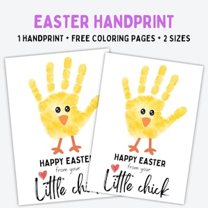 May include: Two white cards with yellow handprint chick designs for Easter. The cards have the text "EASTER HANDPRINT" and "HAPPY EASTER from your Little chick". Includes "1 HANDPRINT + FREE COLORING PAGES + 2 SIZES".
