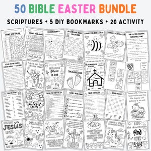 May include: A bundle of 50 Bible-themed Easter activity sheets, including scriptures, DIY bookmarks, and 20 activities. The pages feature colouring sheets, mazes, connect-the-dots, and word searches, all with Easter and religious themes. The text "50 BIBLE EASTER BUNDLE" is at the top.