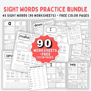 May include: A bundle of 90 sight words practice worksheets with free color pages. The worksheets feature various activities to help children learn to read and write sight words. The bundle includes worksheets for 40 sight words.