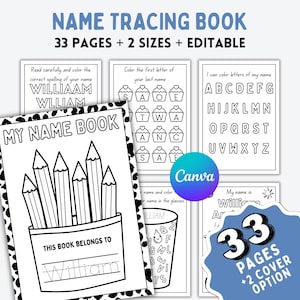 Könnte beinhalten: Ein schwarz-weißes Namensverfolgungsbuch mit dem Text "NAME TRACING BOOK" und "33 SEITEN + 2 GRÖSSEN + BEARBEITBAR". Das Buch enthält Seiten zum Nachzeichnen von Namen und Ausmalen von Buchstaben. Das Cover lautet "MY NAME BOOK".