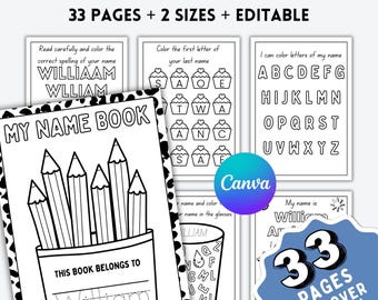 Libro de nombres personalizado, actividad de aprendizaje preescolar, libro de actividades para niños pequeños, hojas de trabajo personalizadas con mi nombre, plantilla editable de Canva