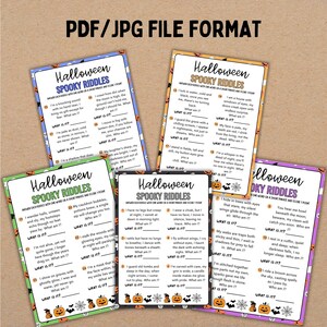 May include: Set of Halloween Spooky Riddles cards in PDF/JPG format. Each card features a riddle with the prompt "What am I?" and Halloween-themed illustrations, including pumpkins and bats.