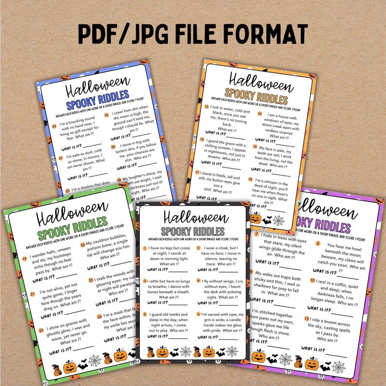 May include: Set of Halloween Spooky Riddles cards in PDF/JPG format. Each card features a riddle with the prompt "What am I?" and Halloween-themed illustrations, including pumpkins and bats.
