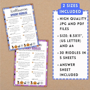 May include: Halloween-themed printable riddle game with spooky riddles and answers. Includes two sizes: 8.5x11 inch (US Letter) and A4. Features high-quality JPG and PDF files, 30 riddles across 5 sheets, and an answer sheet.