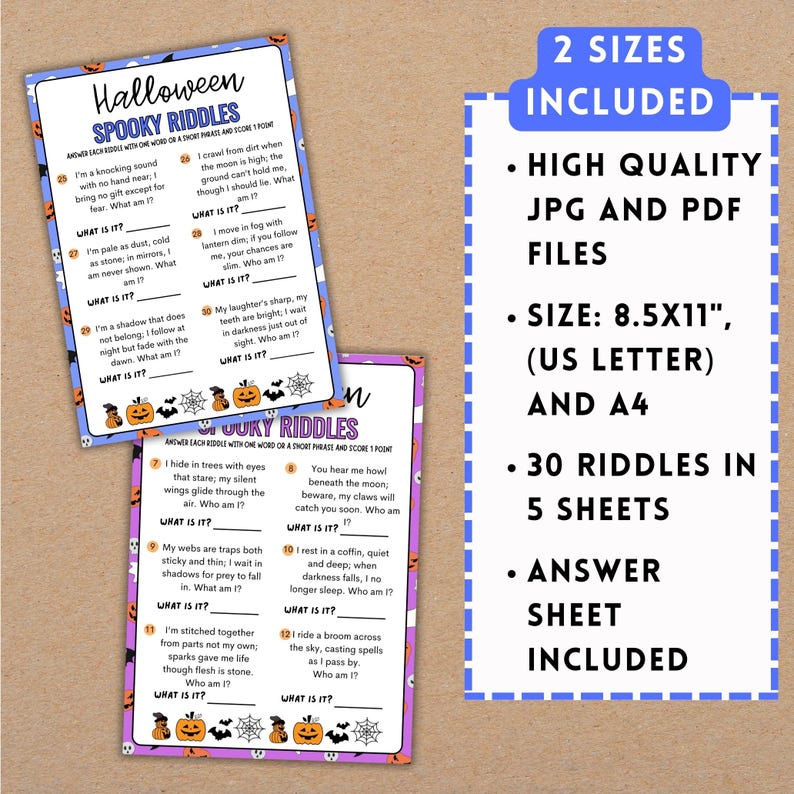 May include: Halloween-themed printable riddle game with spooky riddles and answers. Includes two sizes: 8.5x11 inch (US Letter) and A4. Features high-quality JPG and PDF files, 30 riddles across 5 sheets, and an answer sheet.