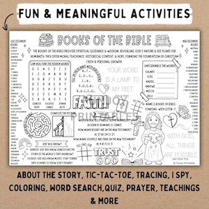 Puede incluir: Hoja de actividades imprimible en blanco y negro titulada "Libros de la Biblia" con varios juegos y rompecabezas. Incluye b&uacute;squedas de palabras, laberintos y cuestionarios. Presenta el texto "Actividades divertidas y significativas".