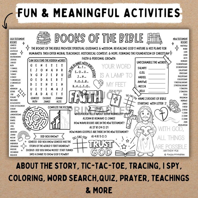 Puede incluir: Hoja de actividades imprimible en blanco y negro titulada "Libros de la Biblia" con varios juegos y rompecabezas. Incluye b&uacute;squedas de palabras, laberintos y cuestionarios. Presenta el texto "Actividades divertidas y significativas".