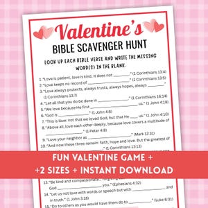 Può includere: Un gioco stampabile di caccia al tesoro biblica di San Valentino con un design rosso e bianco. Il gioco include versetti biblici da completare e il testo "FUN VALENTINE GAME + +2 SIZES + INSTANT DOWNLOAD".