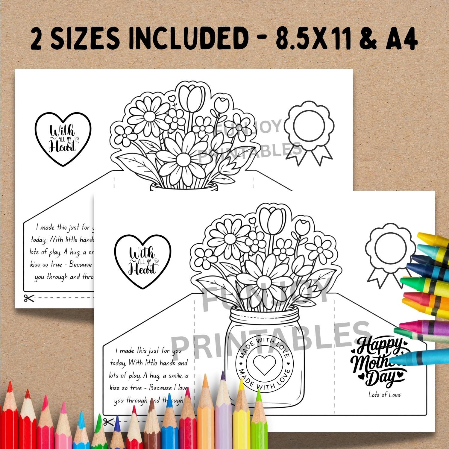 Mother's Day Card, PRINTABLE Coloring Foldable Flower Card for Kids ...