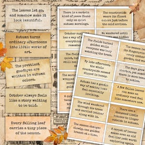 May include: A collection of rectangular paper cards featuring vintage-style beige backgrounds with black printed text containing various autumn-themed quotes. The cards are arranged in a grid layout, some overlapping, with scattered orange and yellow autumn leaf illustrations.