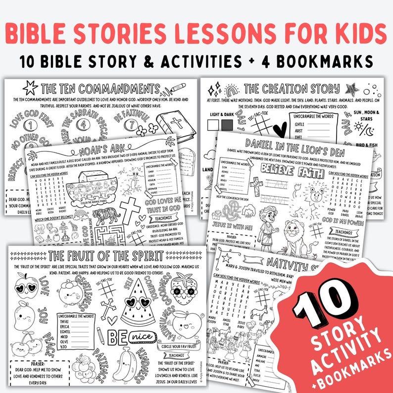 PRINTABLE Bible Stories Kids, Bible Coloring Page Kids, Bible Activity for Church, Sunday School Activity Mat Sheet, Bible Activity Placemat image 1