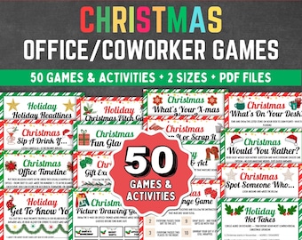 Puede incluir: Una colección de juegos navideños para oficina y compañeros de trabajo con 50 actividades imprimibles. El diseño incluye bordes rojos, verdes y blancos con iconos festivos como estrellas, acebo y gorros de Papá Noel sobre fondo gris.
