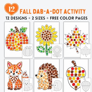 Peut inclure: Un ensemble de 12 feuilles d'activités automnales Dab-A-Dot présentant des motifs saisonniers comme une citrouille, un tournesol, une feuille d'érable, un renard, un hérisson et un gland, avec des exemples en couleur et des versions à colorier.
