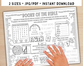 Books Of The Bible Activity Placemat, Coloring Page For Kids, Books Of The Bible Activities Craft Games, Sunday School Activity Mat Sheet
