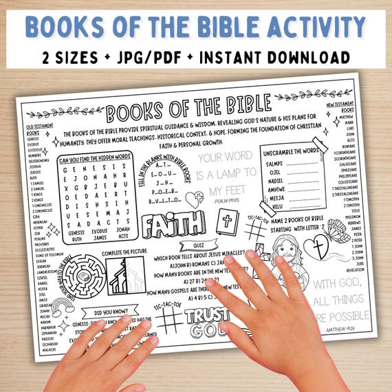 Books Of The Bible Activity Placemat, Coloring Page For Kids, Books Of The Bible Activities Craft Games, Sunday School Activity Mat Sheet