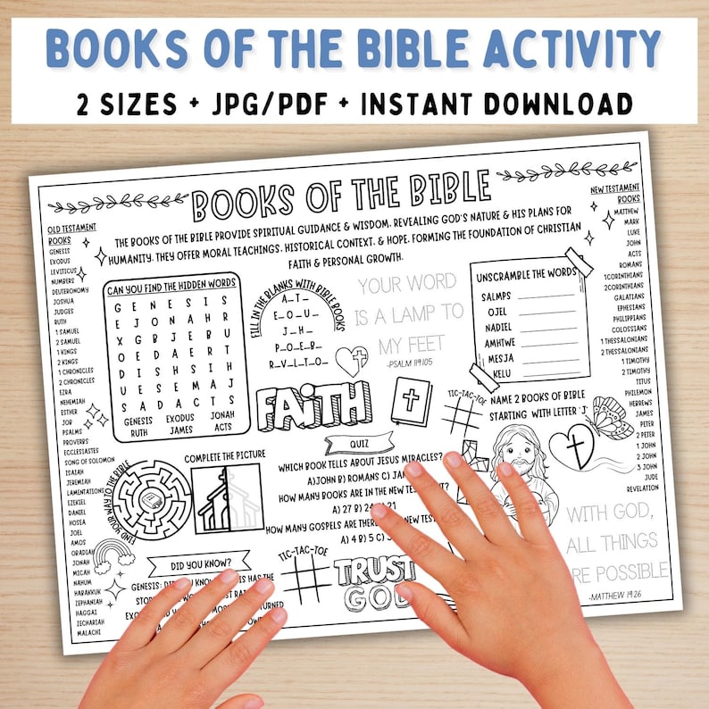 Books Of The Bible Activity Placemat, Coloring Page For Kids, Books Of The Bible Activities Craft Games, Sunday School Activity Mat Sheet image 1