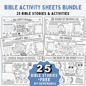 Bible Activity Sheets BUNDLE, 25 Christian Bible Stories Activity Placemats for Kids, Sunday School, Kids Church, Homeschool, Church Lesson