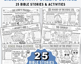 Bible Activity Sheets Bundle, 25 Bible Story Activities for Kids, Sunday School Lesson, Christian Coloring Pages, Kids Church Activities