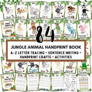 May include: Educational cards with jungle animal handprint art and letter tracing. Animals include a zebra, elephant, and flamingo. The cards are part of the "Jungle Animal Handprint Book" series, with activities and sentence writing.