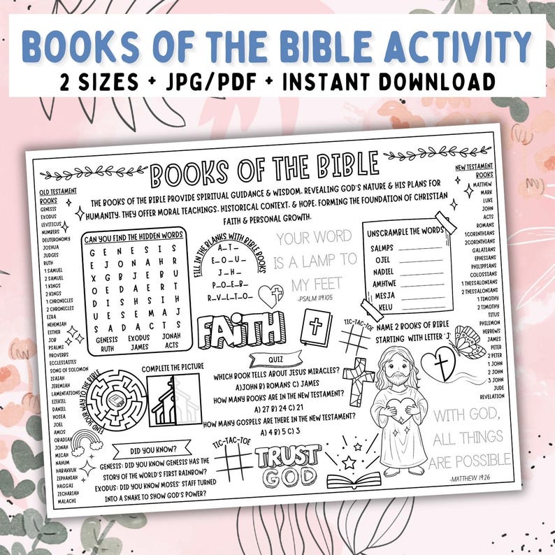 Books Of The Bible Activity Placemat, Coloring Page For Kids, Books Of The Bible Activities Craft Games, Sunday School Activity Mat Sheet image 3