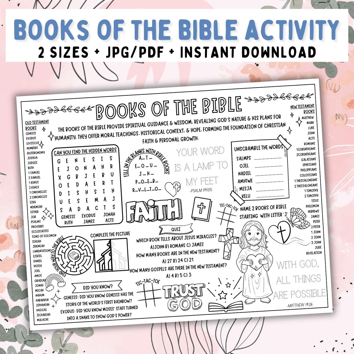 Books of the Bible Activity Placemat, Coloring Page for Kids, Books of