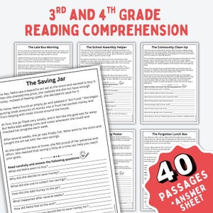 May include: A reading comprehension workbook for 3rd and 4th grade students. The workbook includes 40 passages and an answer sheet. The cover is red and white with the text "3rd and 4th Grade Reading Comprehension".