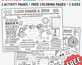 Zomerbijbelactiviteit placemat, AFDRUKBARE op geloof gebaseerde kleurplaten voor kinderen, zondagsschool met zomerthema, bijbelkleurplaten, DOWNLOAD