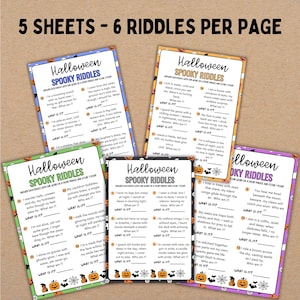 May include: A collection of six Halloween-themed riddle cards, each with spooky questions and the prompt "What am I?" The cards feature pumpkins, bats, and spiderwebs, perfect for a fun, eerie game.