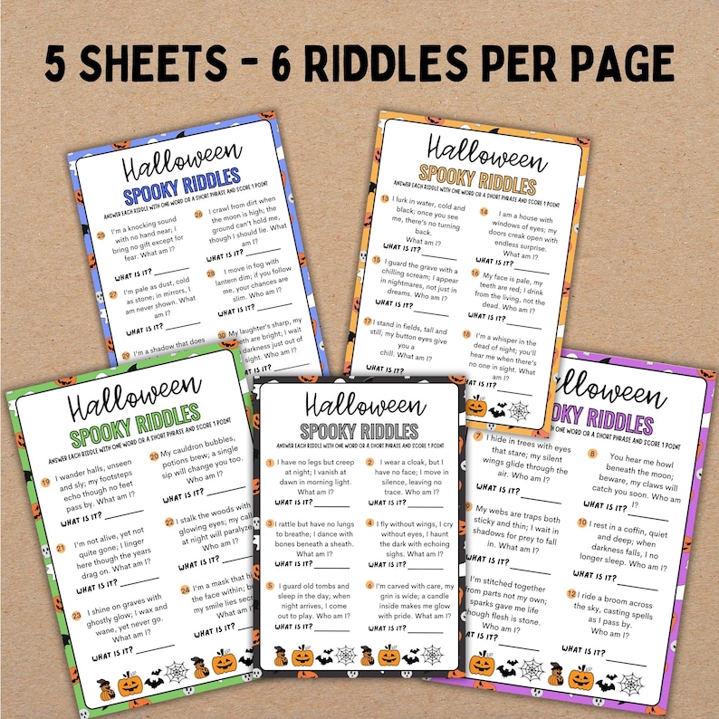 May include: A collection of six Halloween-themed riddle cards, each with spooky questions and the prompt "What am I?" The cards feature pumpkins, bats, and spiderwebs, perfect for a fun, eerie game.