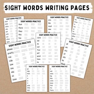 Puede incluir: Un conjunto de p&aacute;ginas blancas para escribir palabras visuales con texto negro. Cada p&aacute;gina muestra "SIGHT WORDS PRACTICE" y l&iacute;neas para escribir. Las palabras est&aacute;n impresas en una fuente clara. Las p&aacute;ginas est&aacute;n sobre un fondo marr&oacute;n claro.