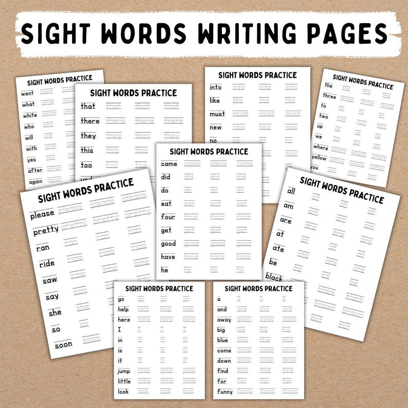 Puede incluir: Un conjunto de p&aacute;ginas blancas para escribir palabras visuales con texto negro. Cada p&aacute;gina muestra "SIGHT WORDS PRACTICE" y l&iacute;neas para escribir. Las palabras est&aacute;n impresas en una fuente clara. Las p&aacute;ginas est&aacute;n sobre un fondo marr&oacute;n claro.